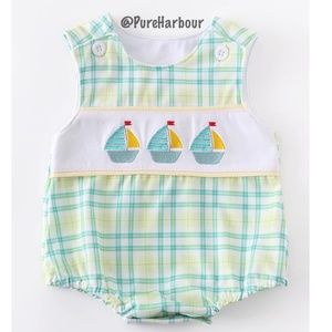Sailboat Embroidered Gingham Boy Bubble Romper